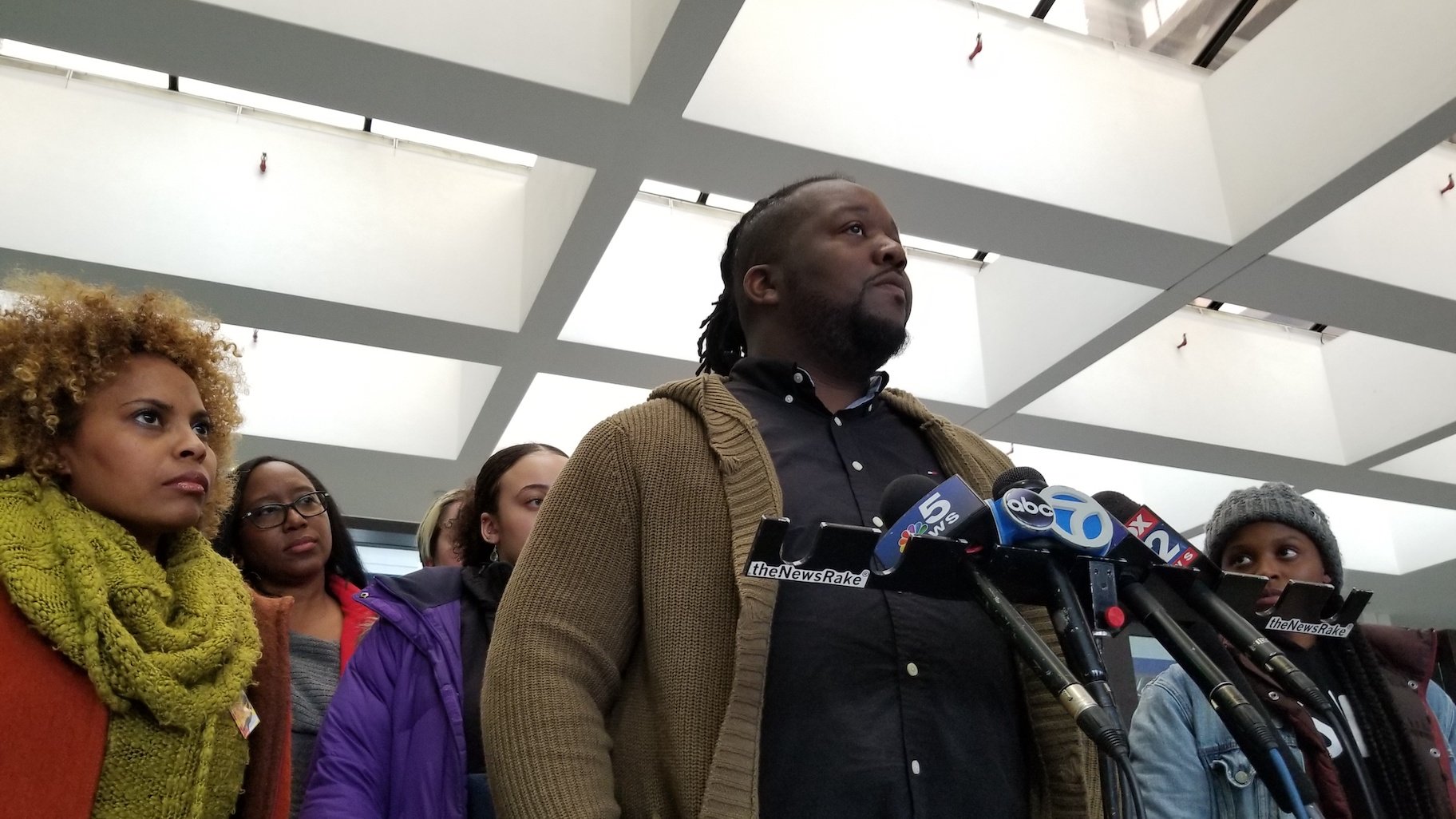 Rekia Boyd’s brother Martinez Sutton speaks with reporters following the hearing Tuesday, Nov. 19, 2019. (Matt Masterson / WTTW News)