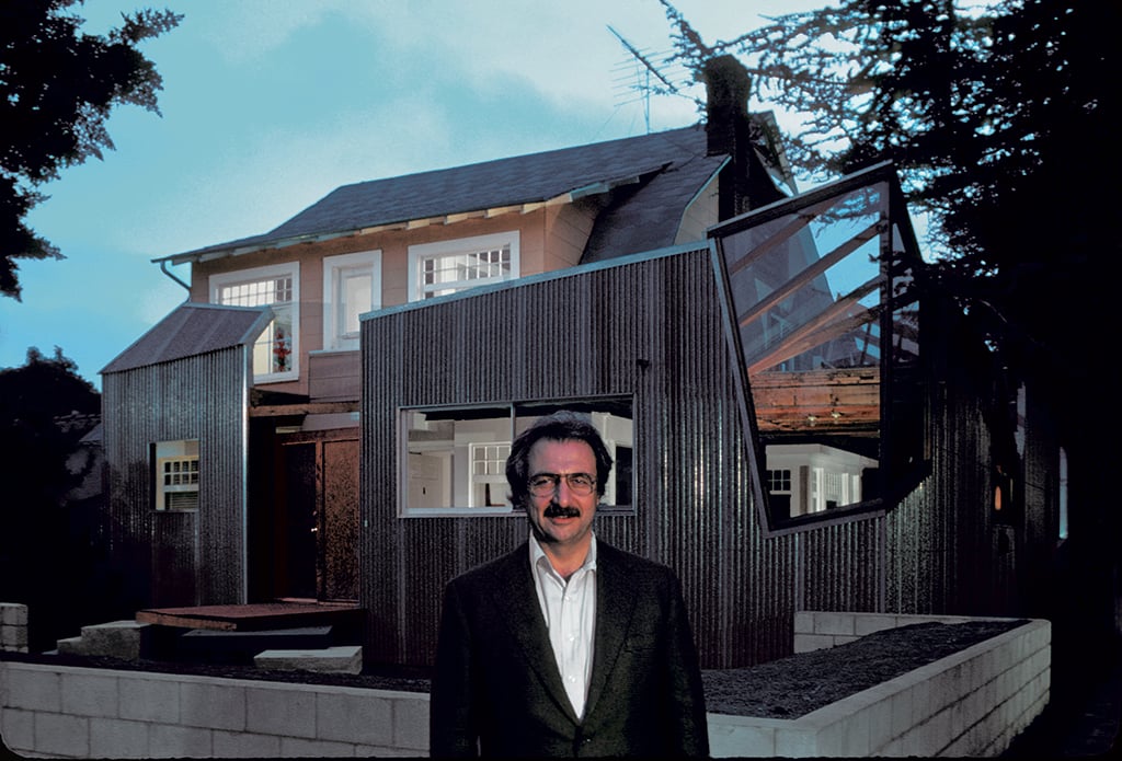 Frank Gehry stands in front of his newly completed house in Santa Monica, 1978. (Gehry Partners LLC)