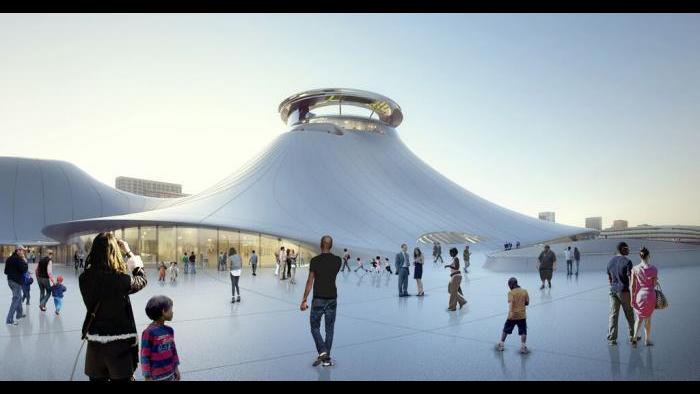Rendering of the public plaza for the Lucas Museum (c/o the Lucas Museum of Narrative Art)