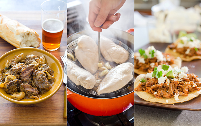 From left: ATK 'essential' recipes include Catalan-Style Beef Stew, left, Perfect Poached Chicken Breast, center, and Spicy Mexican Shredded Pork Tinga. (Carl Tremblay)