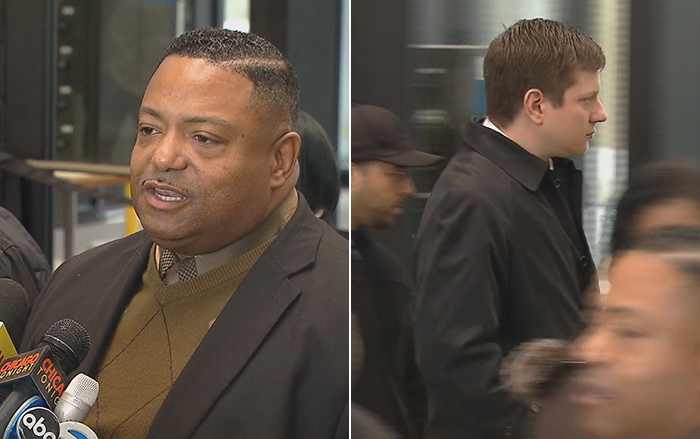 Left: Pastor Marvin Hunter speaks to the press following the arraignment. Right: Jason Van Dyke leaves the building.