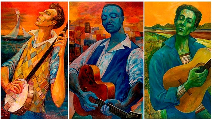 Peggy Lipschutz's paintings of Pete Seeger, Big Bill Broonzy and Woody Guthrie.