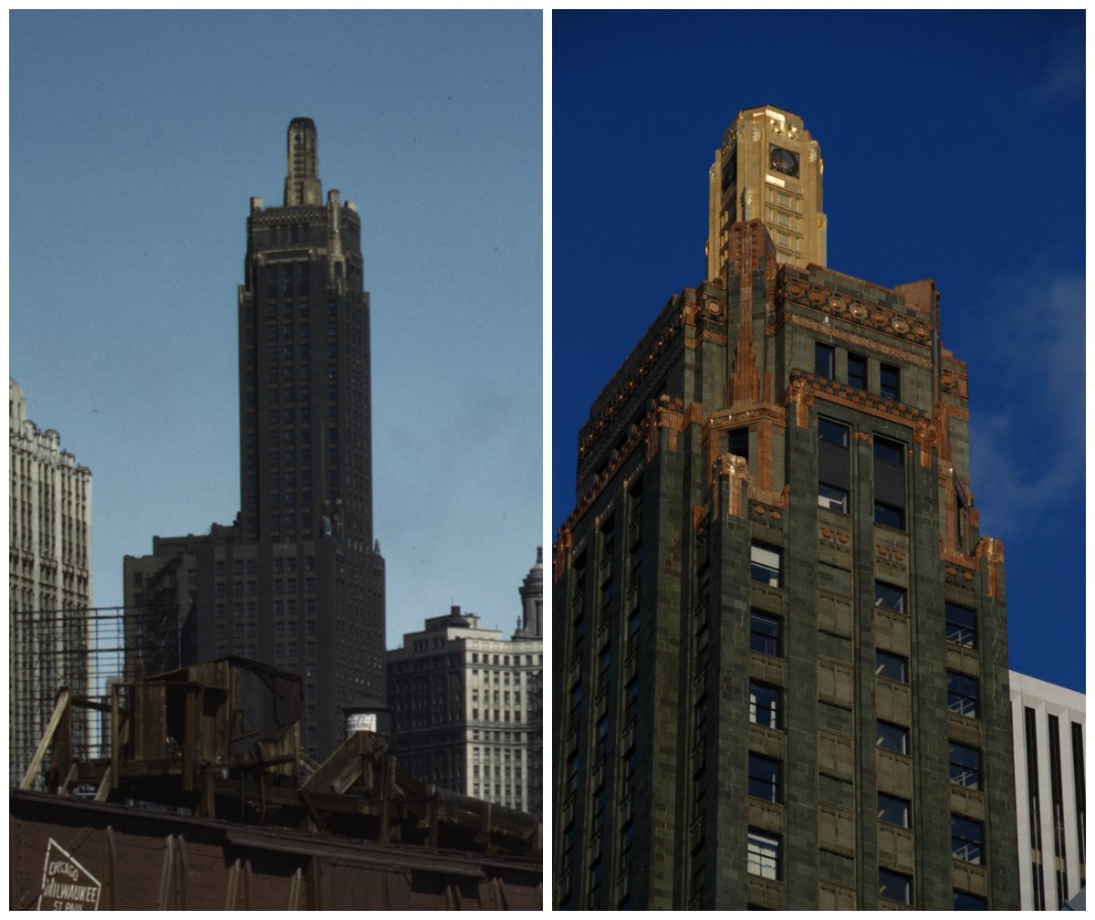 Left: Carbide and Carbon Building in 1943. Right: Carbide and Carbon Building in 2009.