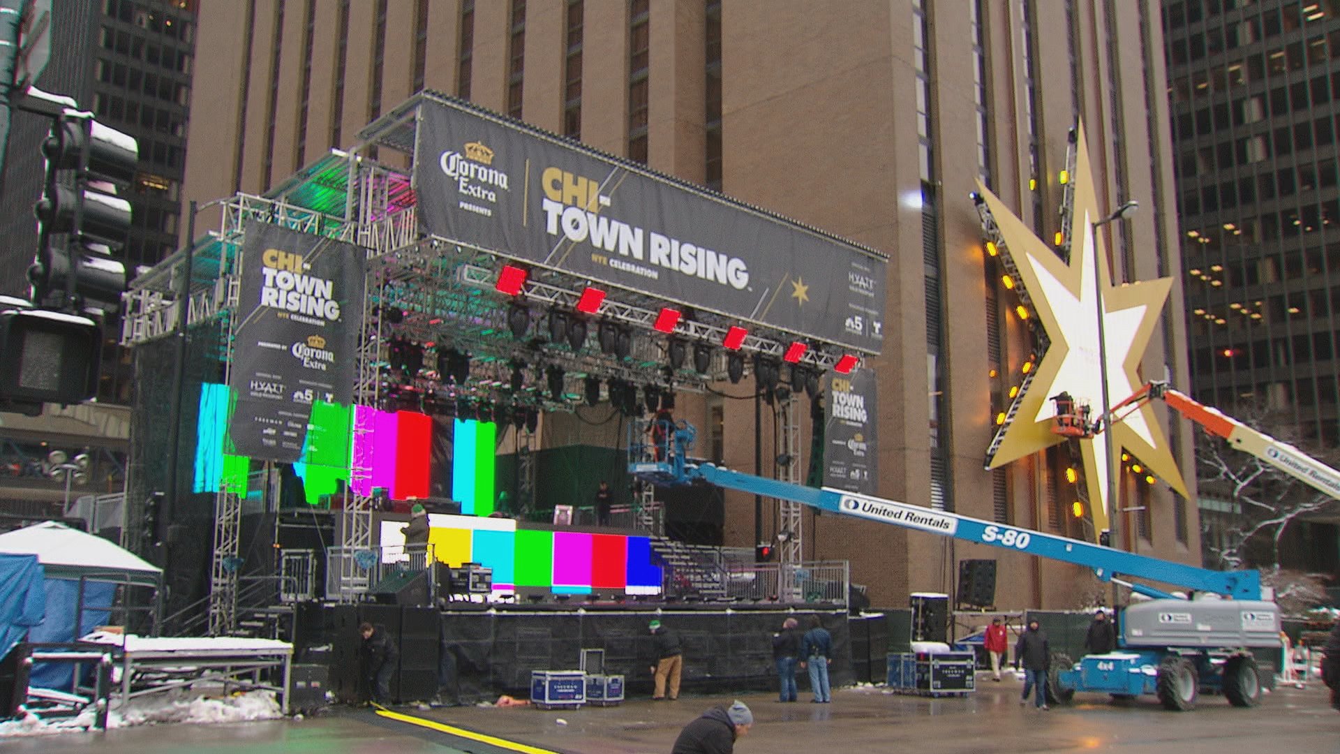 Crews set up the Chi-Town Rising Countdown Stage and Chicago star on Wednesday afternoon.