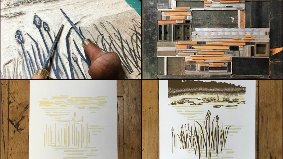 Rachel Steinbach's process includes: carving an image into linoleum and creating background layers by forming wood bits into patterns. Each print requires multiple runs on the press to achieve the final result. (Current Location Press / Facebook)