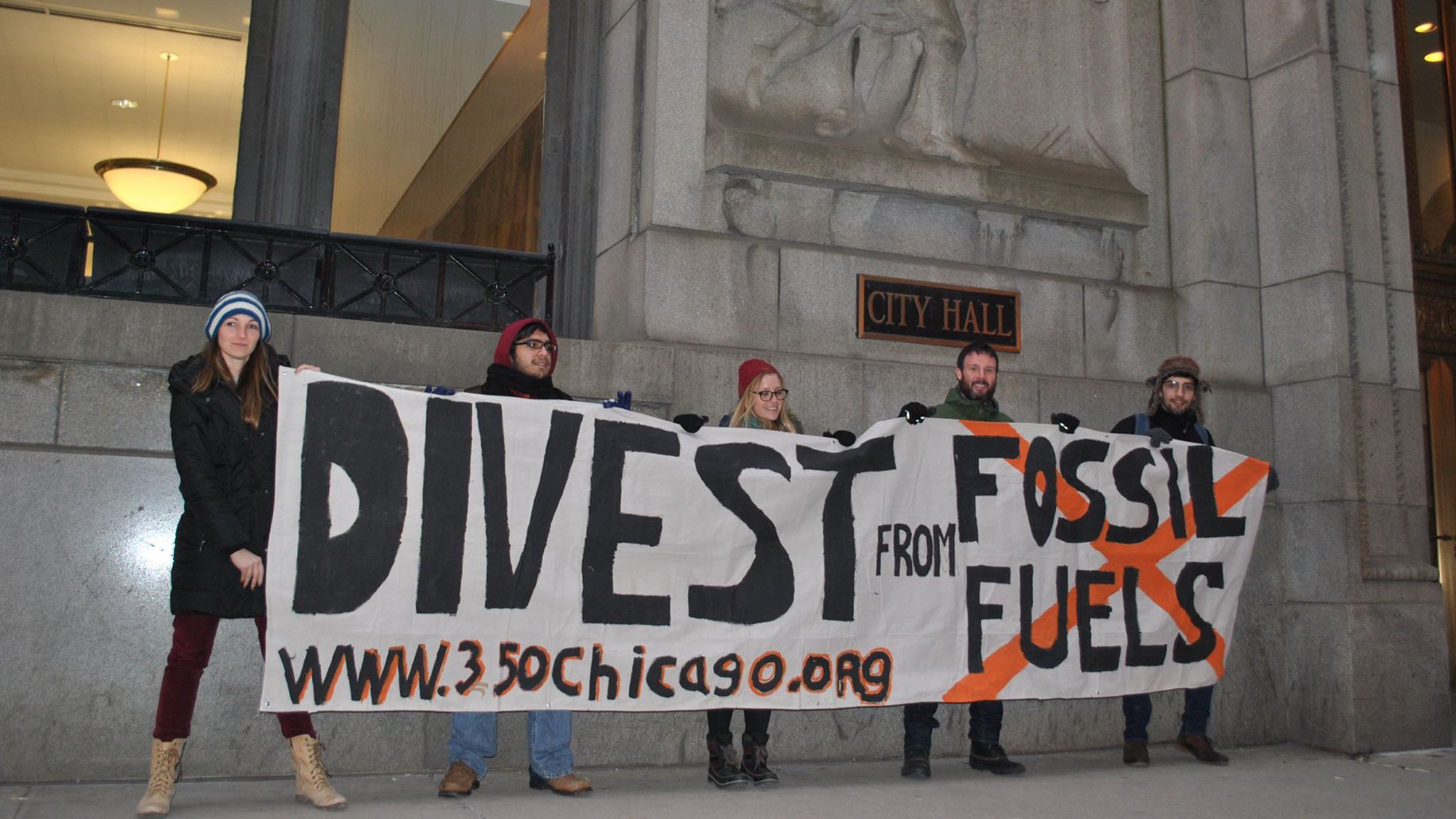 Activists from 350 Chicago protest at City Hall on Global Divestment Day, Feb. 14, 2015. (Courtesy of Melissa Brice)