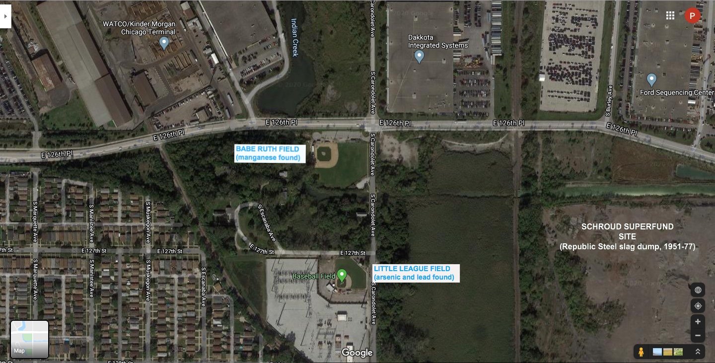 A satellite view of the Hegewisch Babe Ruth and Little League fields, the Watco site to the north and the superfund site to the east. (Google Maps)
