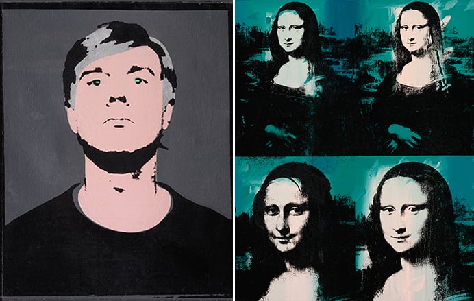 Left: Andy Warhol. Self-Portrait, 1964. Right: Andy Warhol. Mona Lisa Four Times, 1978. (The Art Institute of Chicago, Gift of Edlis/Neeson Collection. © 2015)
