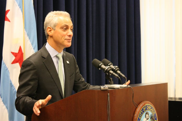 Mayor Rahm Emanuel at a press conference following Wednesday's City Council meeting. (Chloe Riley) 