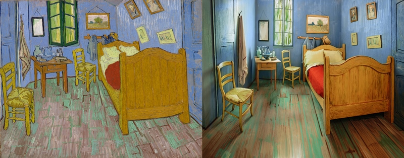 Van Gogh's "The Bedroom" alongside the Art Institute's Airbnb homage (Courtesy of the Art Institute)