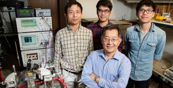 University of Illinois engineers  –  from left, postdoctoral researcher  Fei Tan, graduate students Mong-Kai Wu  and Michael Liu, led by Milton Feng, front; Courtesy of University of Illinois