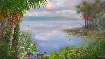 An artist's rendering of how Fossil Lake looked 52 million years ago