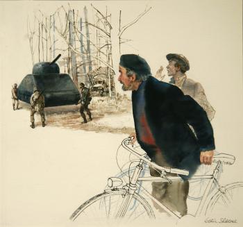 Arthur Shilstone's painting of two Frenchmen surprised to see 4 GI's lifting a 40 tank. "The Americans are very strong" he told them; courtesy: Arthur Shilstone