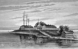 Looking south across the Chicago River with Fort Dearborn in the center and the U.S. Agency House in the foreground. Lake Michigan is off to the left in the image. (A. T. Andreas, History of Chicago [1884]) 