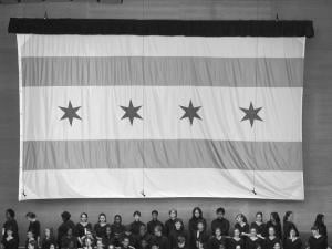 The Chicago Flag used as a backdrop for the inauguration of Mayor Rahm Emanuel, April 2011. (Betsy Keating)