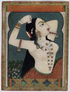 Lady Combing Her Hair, Opaque watercolor on paper; Credit: Lady Combing Her Hair, Jaipur, c. 1790 © Victoria and Albert Museum, London
