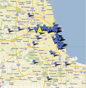A map of black-owned businesses in Chicago. The yellow triangle is Anderson's house. 