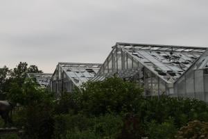 Propagation Greenhouses damaged by hail storm. Image Credit: Garfield Park Conservatory Alliance.