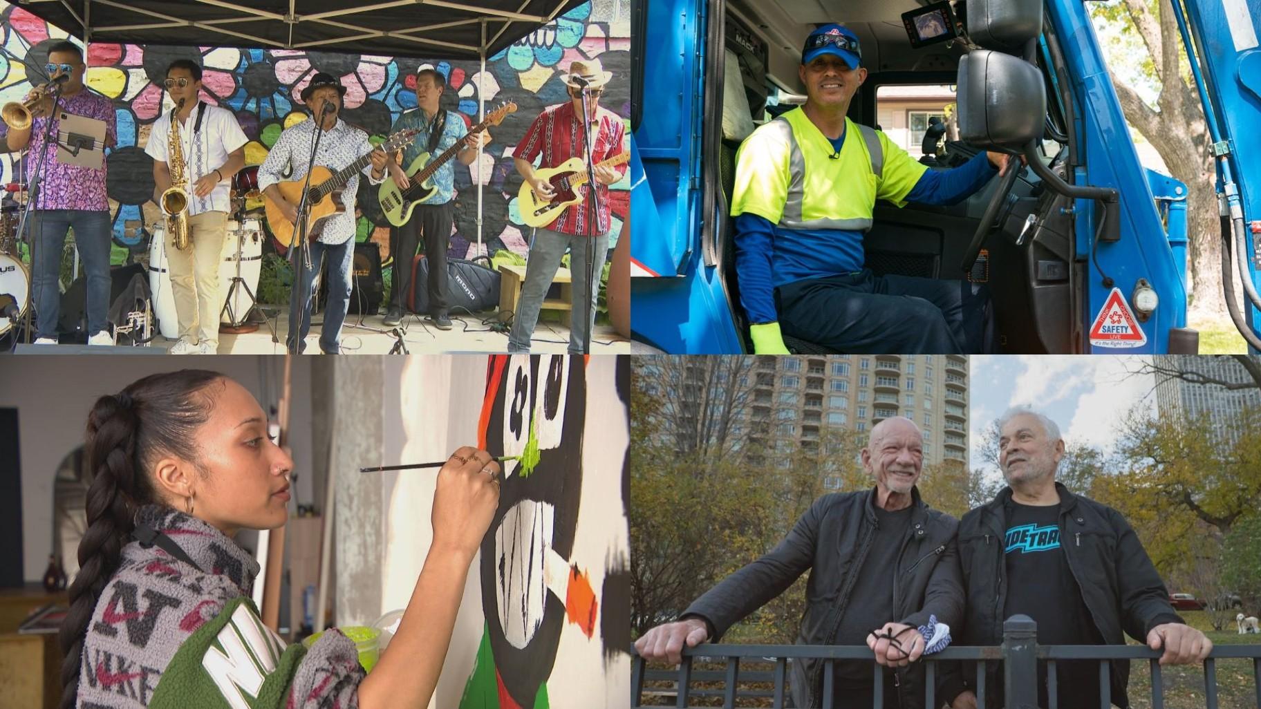 Top left: Radio Free Honduras plays in Little Village. (WTTW News) Top right: Felix Martinez was named residential sanitation driver of the year. (Michael Izquierdo / WTTW News) Bottom left: Artist Mia Lee. (WTTW News) Bottom right: Art Johnston and Pepe Peña in the documentary “Art and Pep.” (Provided)