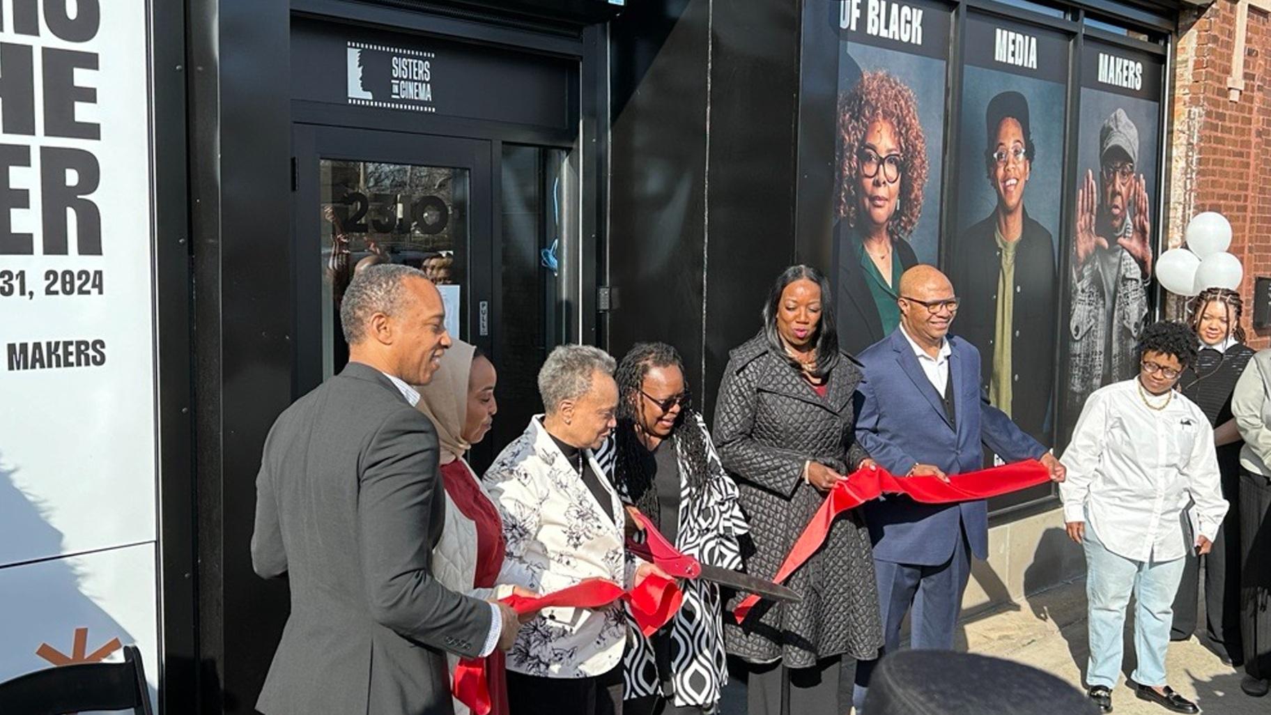 The Sisters in Cinema Media Arts Center, 2310 E. 75th St., opened its doors Friday, March 15, 2024. The nonprofit will now have a physical space after highlighting the work of Black women and gender-nonconforming media makers for nearly 30 years. (Blair Paddock / WTTW News)