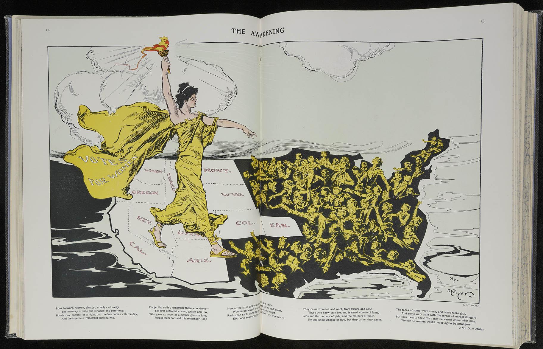 “The Awakening.” Puck. New York: Puck Publishing Company, 1915. As this illustration suggests, women’s suffrage extended gradually across the United States over decades before the 19th Amendment was ratified in August 1920. While many women voted in the presidential election that year, access to the ballot box remained limited for women of color, immigrant women, and Indigenous women.