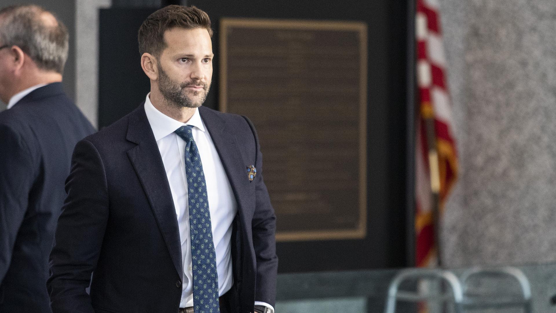 Former U.S. Rep. Aaron Schock walks into the Dirksen Federal Courthouse on Wednesday, March 6, 2019. Schock was scheduled to appear in court for the first time since the U.S. Supreme Court declined to get involved in his corruption case. (Ashlee Rezin / Chicago Sun-Times via AP)