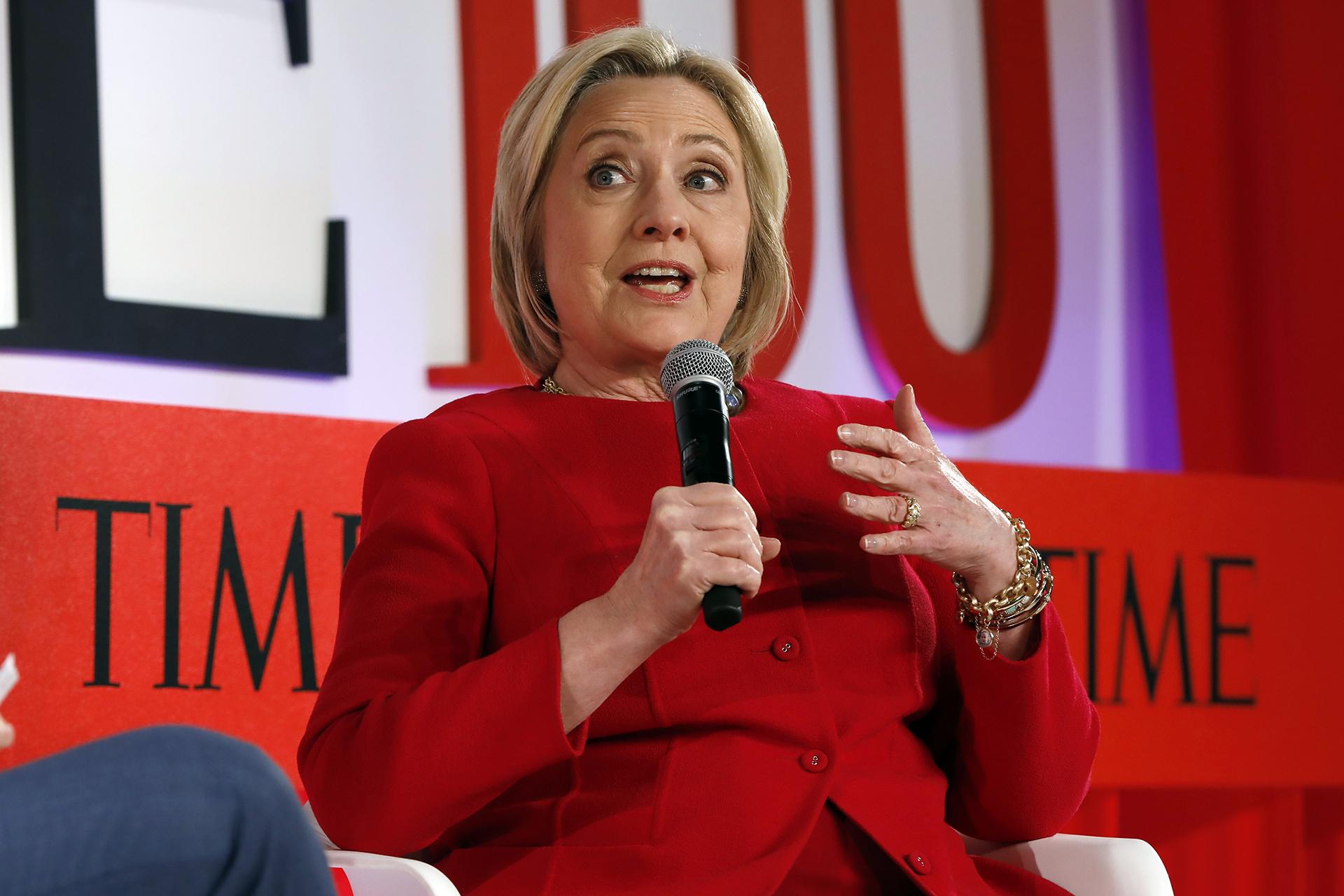 Hillary Clinton speaks during the TIME 100 Summit, in New York, Tuesday, April 23, 2019. (AP Photo / Richard Drew)