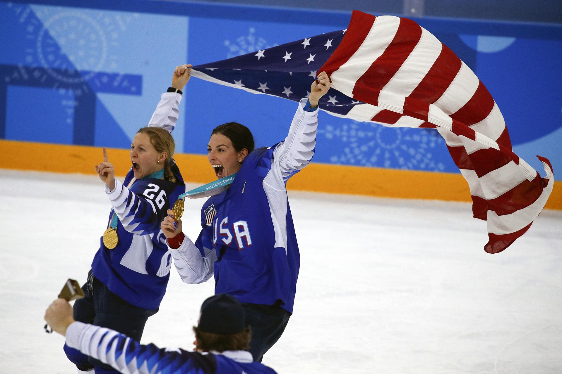 In this Feb. 22, 2018, file photo, United States' Kendall Coyne Schofield, left, and Hilary Knight celebrate after winning the women’s gold medal hockey game against Canada at the 2018 Winter Olympics in Gangneung, South Korea. (AP Photo / Jae C. Hong, File)