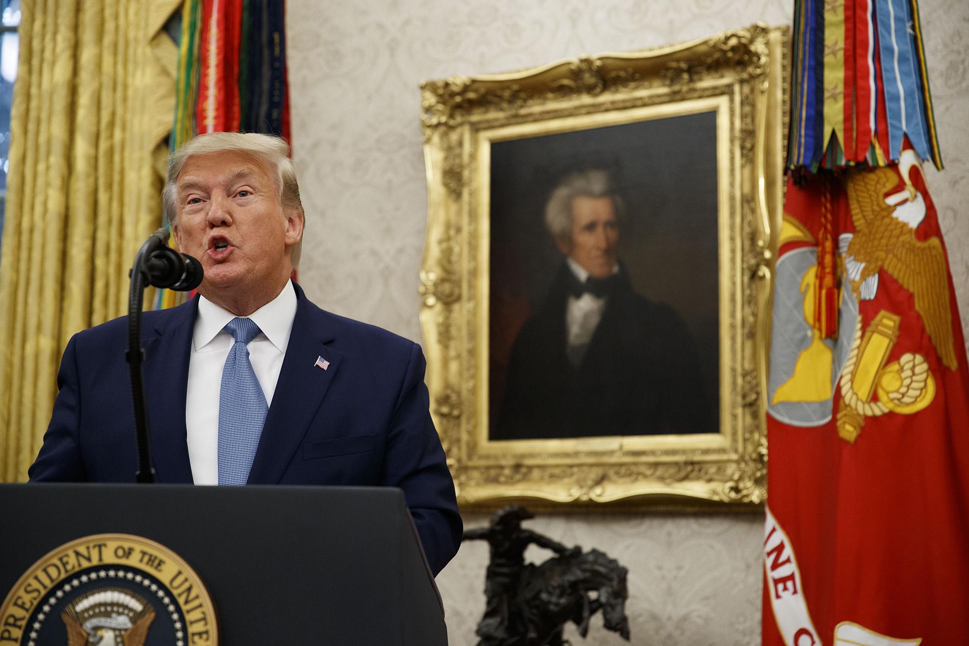 President Donald Trump speaks during a ceremony to present the Presidential Medal of Freedom to former Attorney General Edwin Meese, in the Oval Office of the White House, Tuesday, Oct. 8, 2019, in Washington. (AP Photo / Alex Brandon)