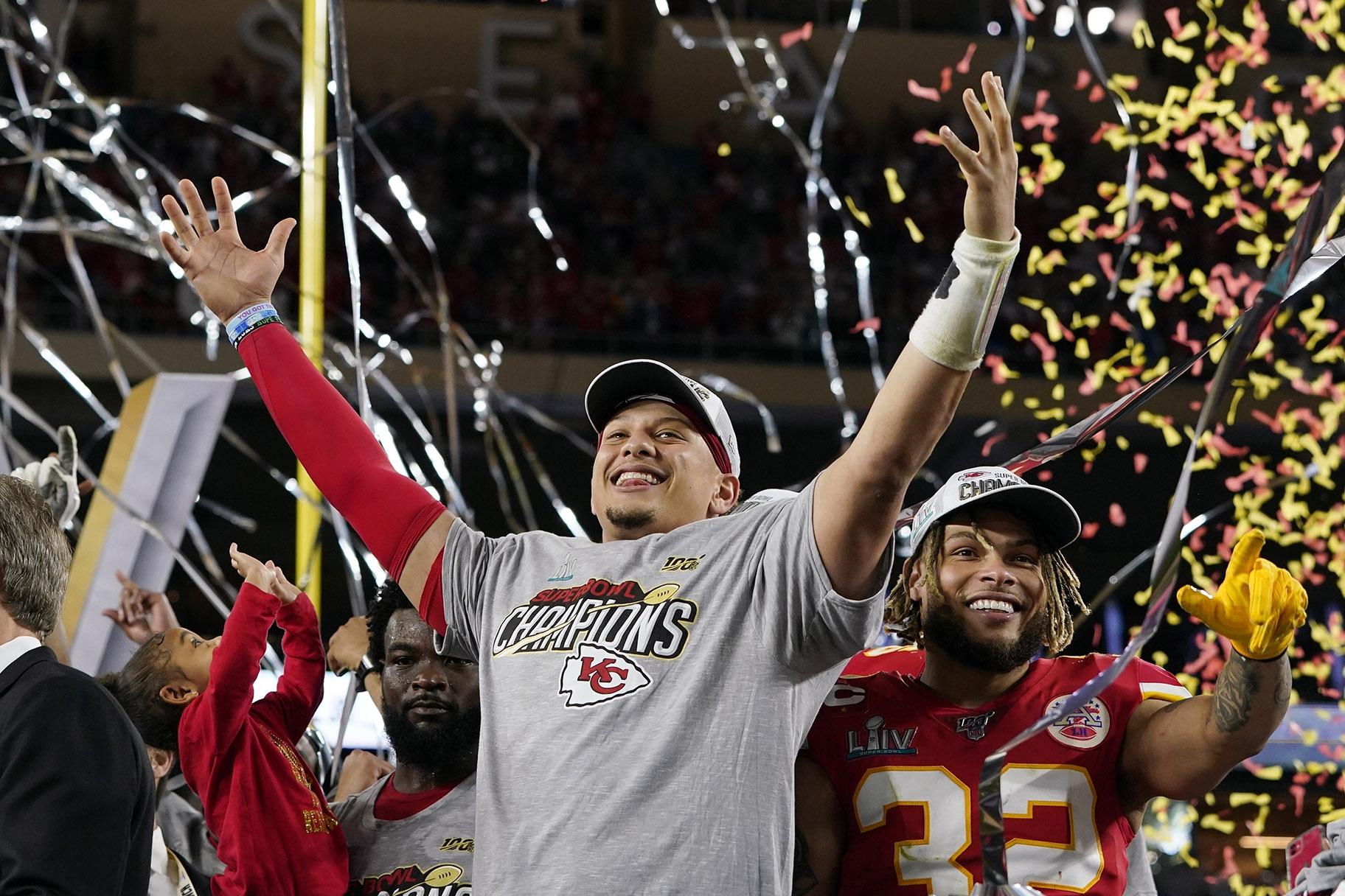 Kansas City Chiefs’ Patrick Mahomes, left, and Tyrann Mathieu celebrate after defeating the San Francisco 49ers in the NFL Super Bowl 54 football game Sunday, Feb. 2, 2020, in Miami Gardens, Fla. (AP Photo / David J. Phillip)
