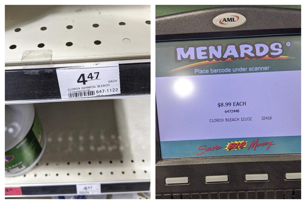 This combination of March 11, 2020 photos made by investigators with the Michigan Attorney General’s Office shows a $4.47 shelf price sticker for a gallon of Clorox bleach and $8.99 on a price scanner for the same item at a Menards store in Jackson, Mich. (Michigan Attorney General’s Office via AP)