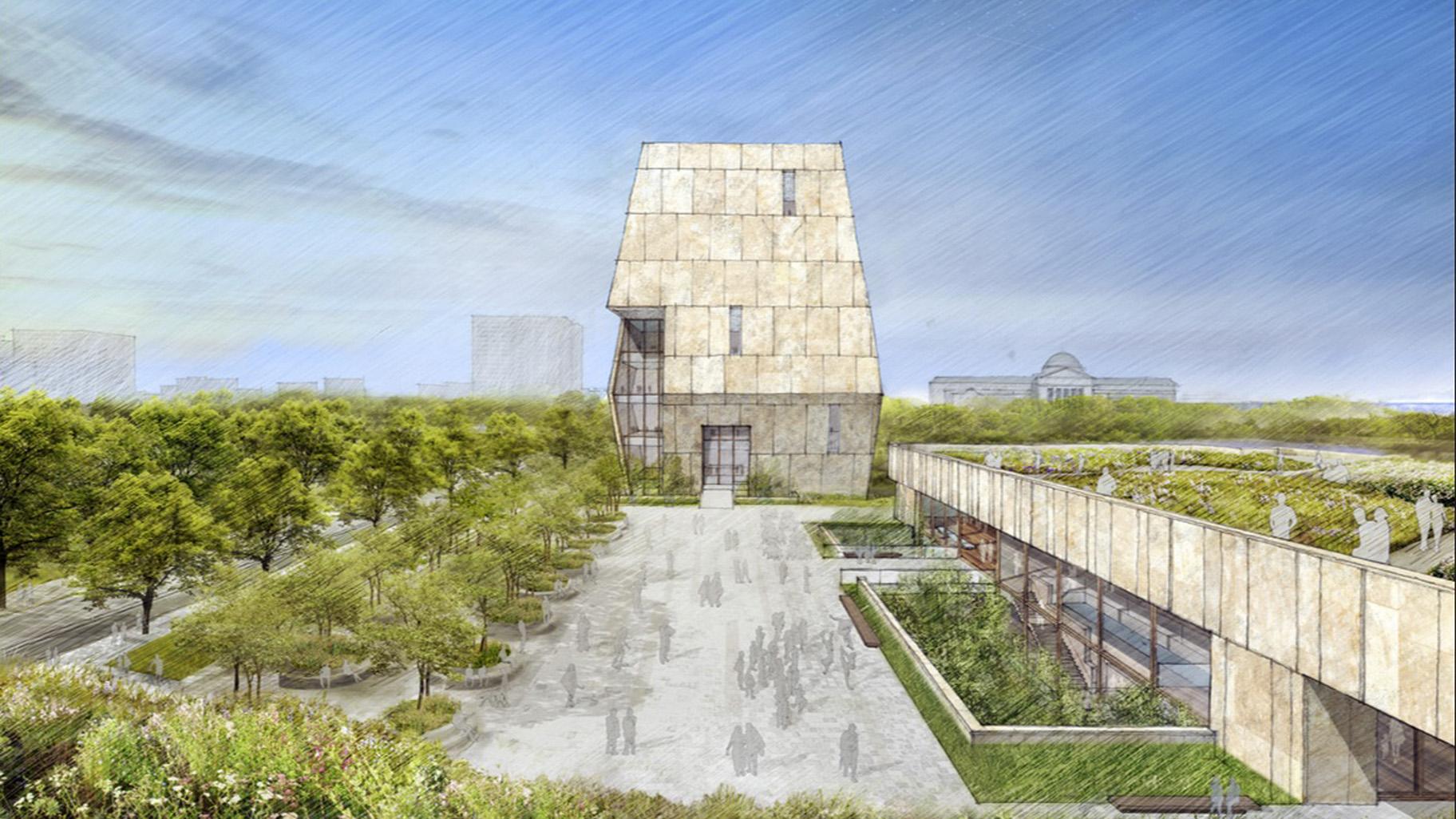 This illustration released on May 3, 2017 by the Obama Foundation shows plans for the proposed Obama Presidential Center with a museum, rear, in Jackson Park. (Obama Foundation via AP, File)