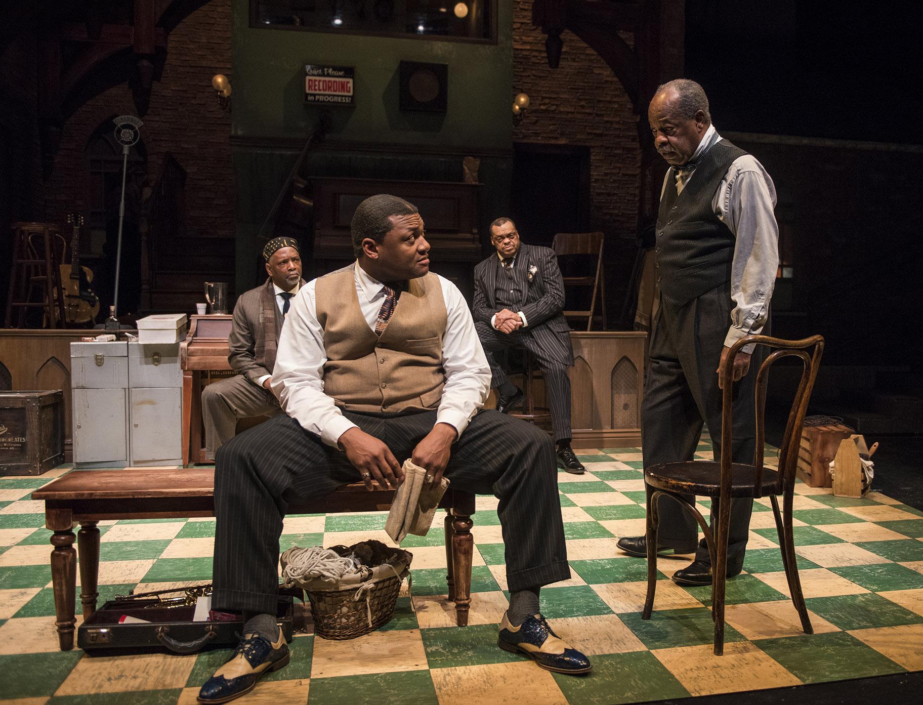 From left: David Alan Anderson, Kelvin Roston, Jr., A.C. Smith and Alfred H. Wilson in “Ma Rainey’s Black Bottom” at Writers Theatre. (Photo credit: Michael Brosilow)
