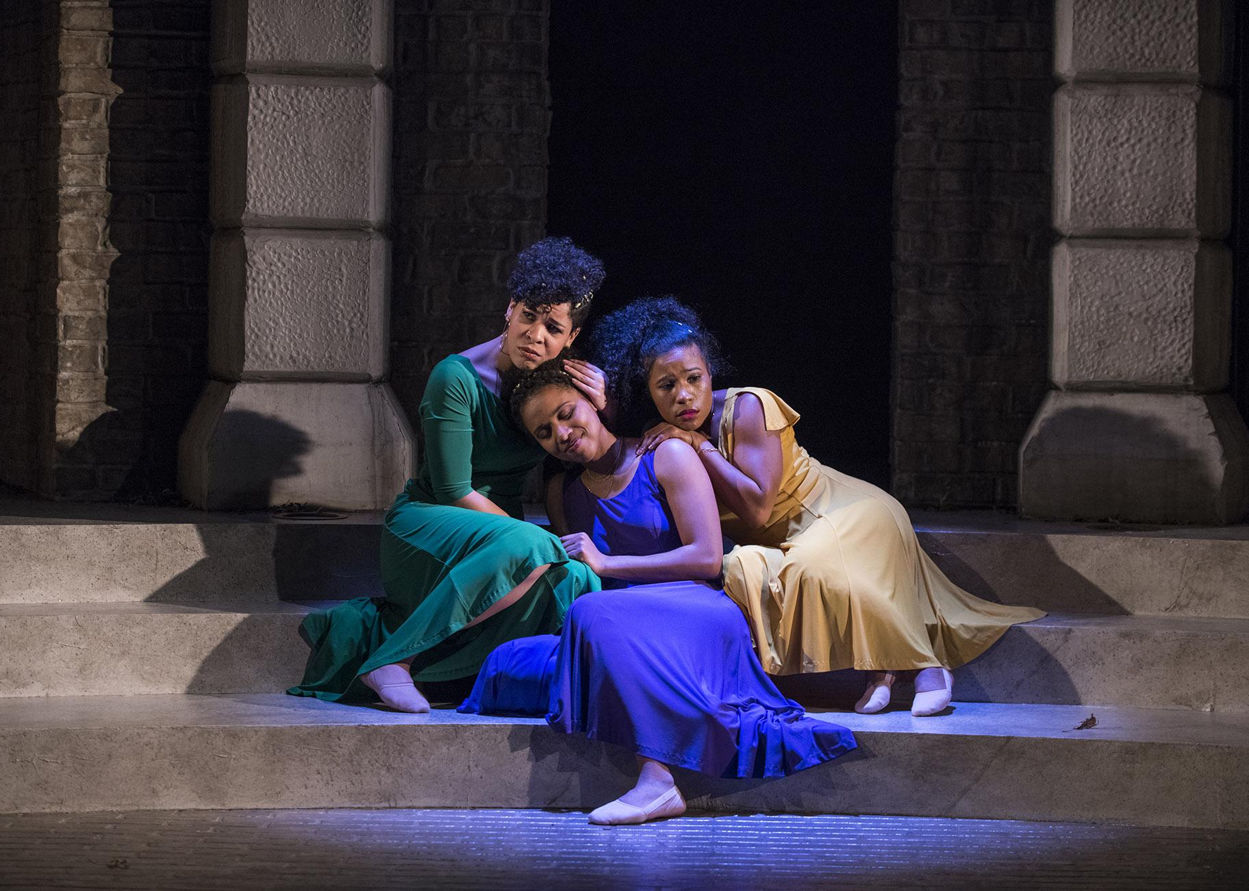 Angelica Katie, Leah Casey and Melanie Brezill in Court Theatre’s production of “For Colored Girls Who Have Considered Suicide/When the Rainbow Was Enuf.” (Photo by Michael Brosilow)