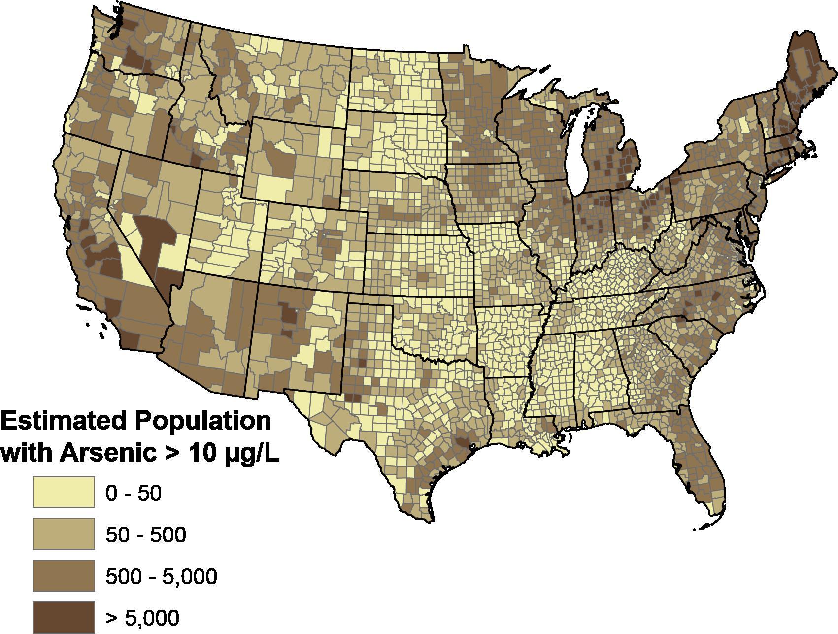This map shows estimates of how many private domestic well users in each county could be drinking water with high levels of arsenic. (U.S. Geological Survey)