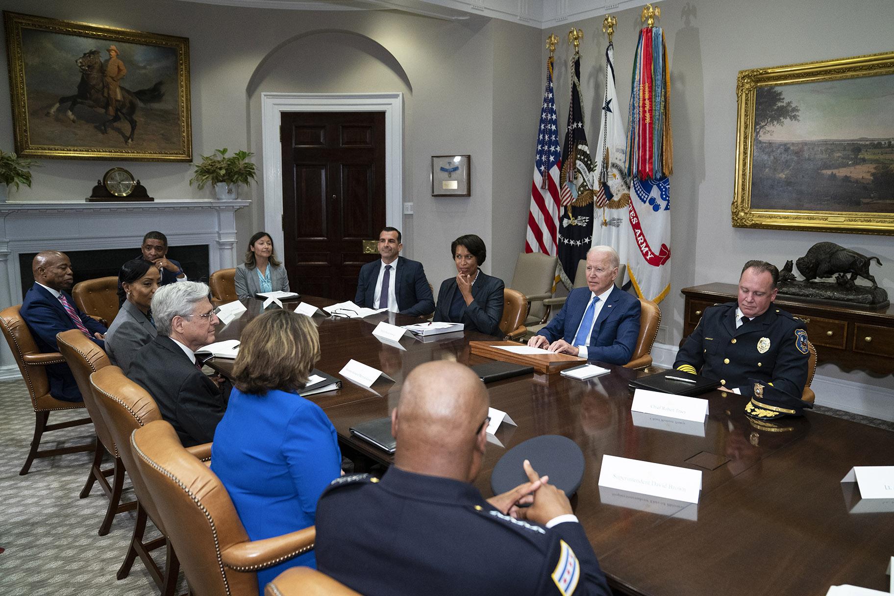 President Joe Biden speaks during a meeting on reducing gun violence, in the Roosevelt Room of the White House, Monday, July 12, 2021, in Washington. Chicago police Superintendent David Brown is visible at center, with his back to the camera. (AP Photo / Evan Vucci)