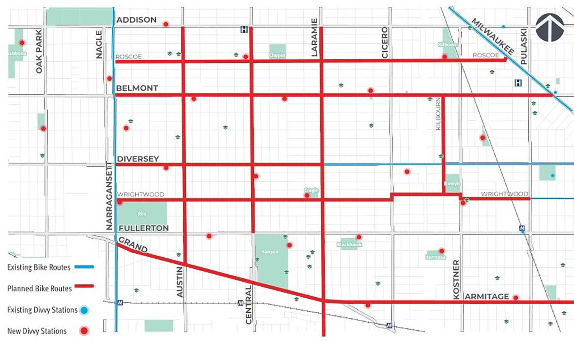 The city’s transportation department has been installing a new grid of bike routes in Belmont Cragin and Hermosa, two predominantly Latino neighborhoods on the West Side, as part of the Chicago Works Capital Plan launched in April. (Courtesy of CDOT)