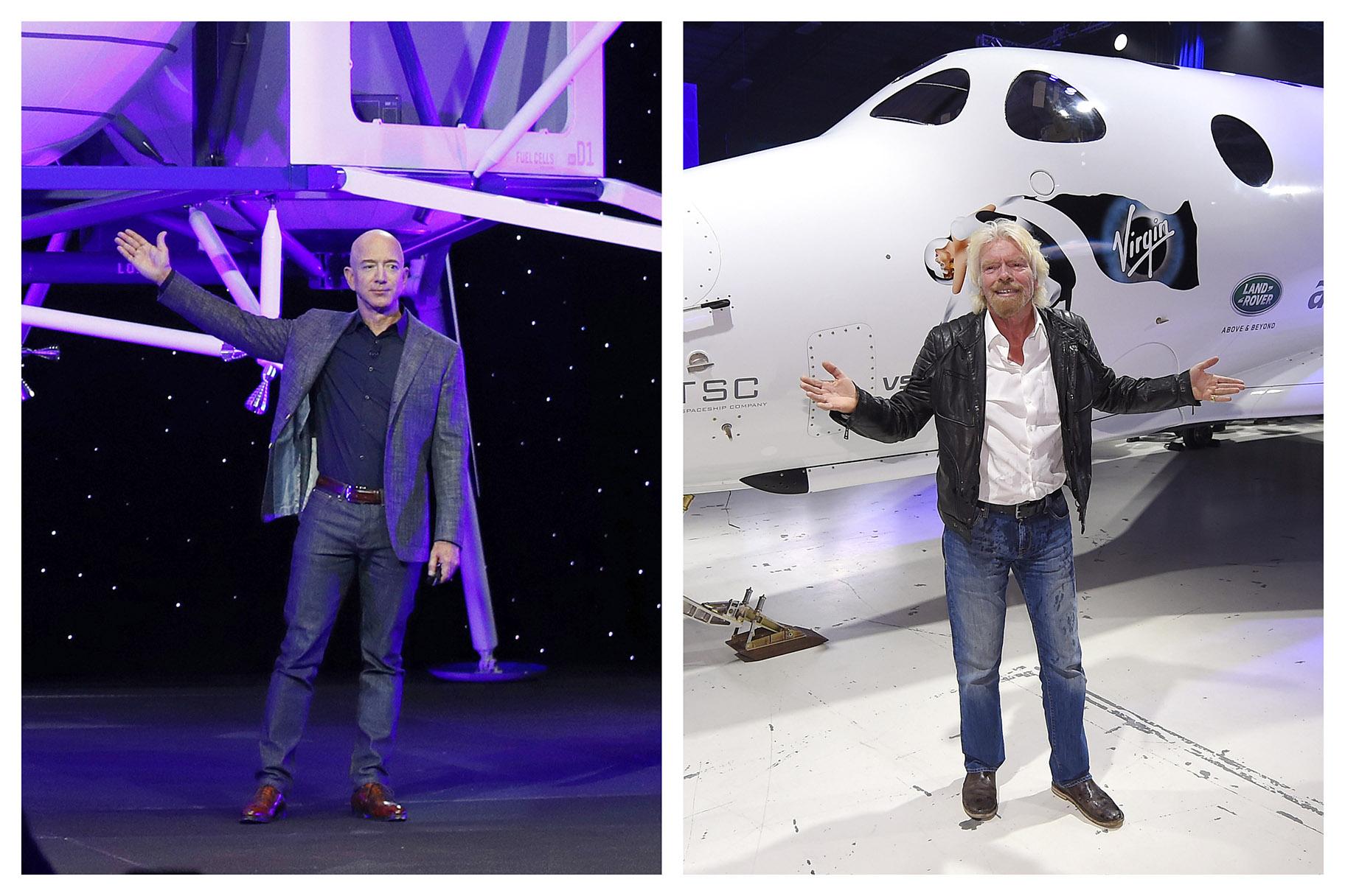 This combination of 2019 and 2016 file photos shows Jeff Bezos with a model of Blue Origin’s Blue Moon lunar lander in Washington, left, and Richard Branson with Virgin Galactic’s SpaceShipTwo space tourism rocket in Mojave, Calif. (AP Photo / Patrick Semansky, Mark J. Terrill)