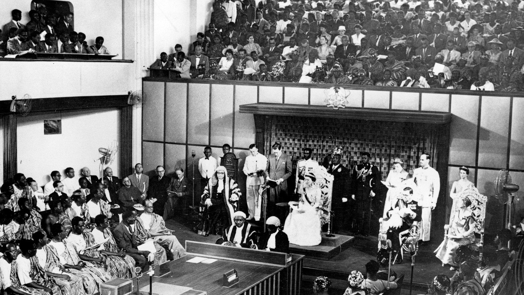 The Duchess of Kent, seated center on dais, reads a message from the Queen of England in the Parliament House at Accra, Ghana, on March 6, 1957. Ghana, the British colony known as the Gold Coast, is the first Black African nation to gain independence from colonial rule. (AP Photo)