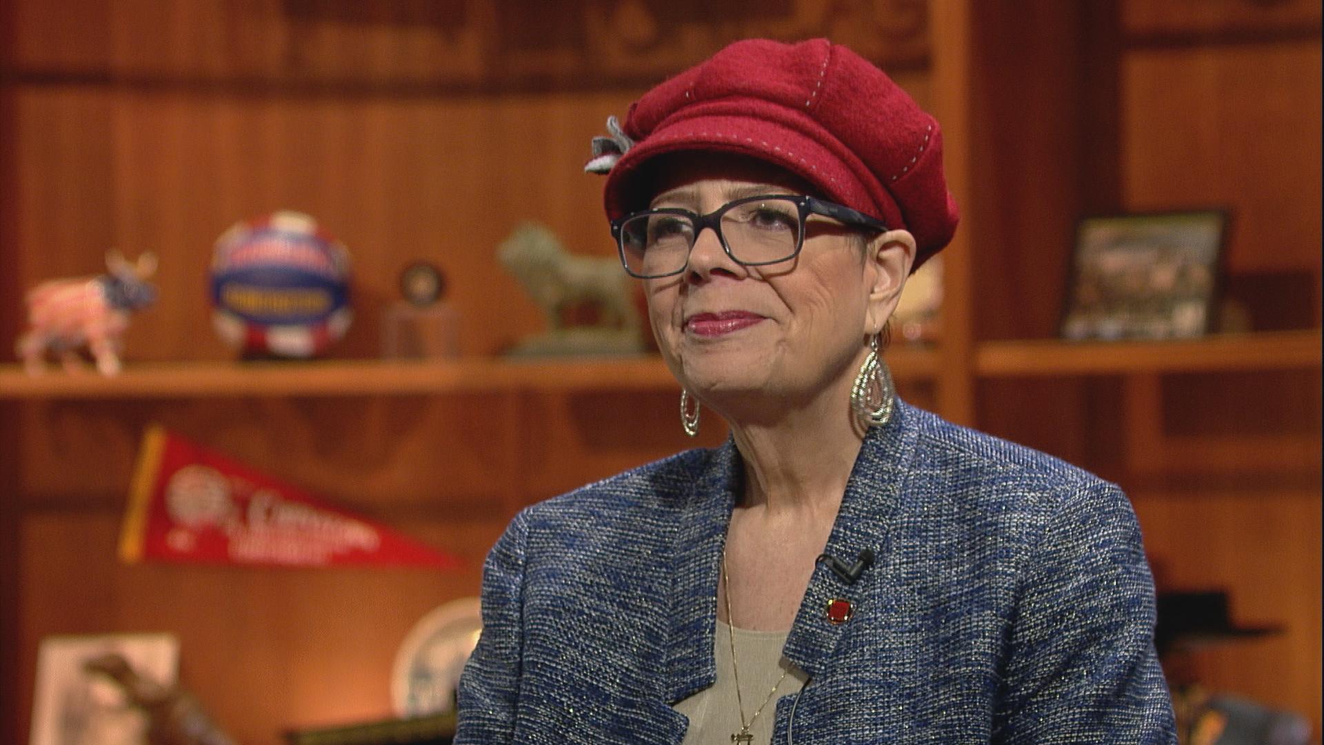 Karen Lewis appears on “Chicago Tonight” in March 2016. 