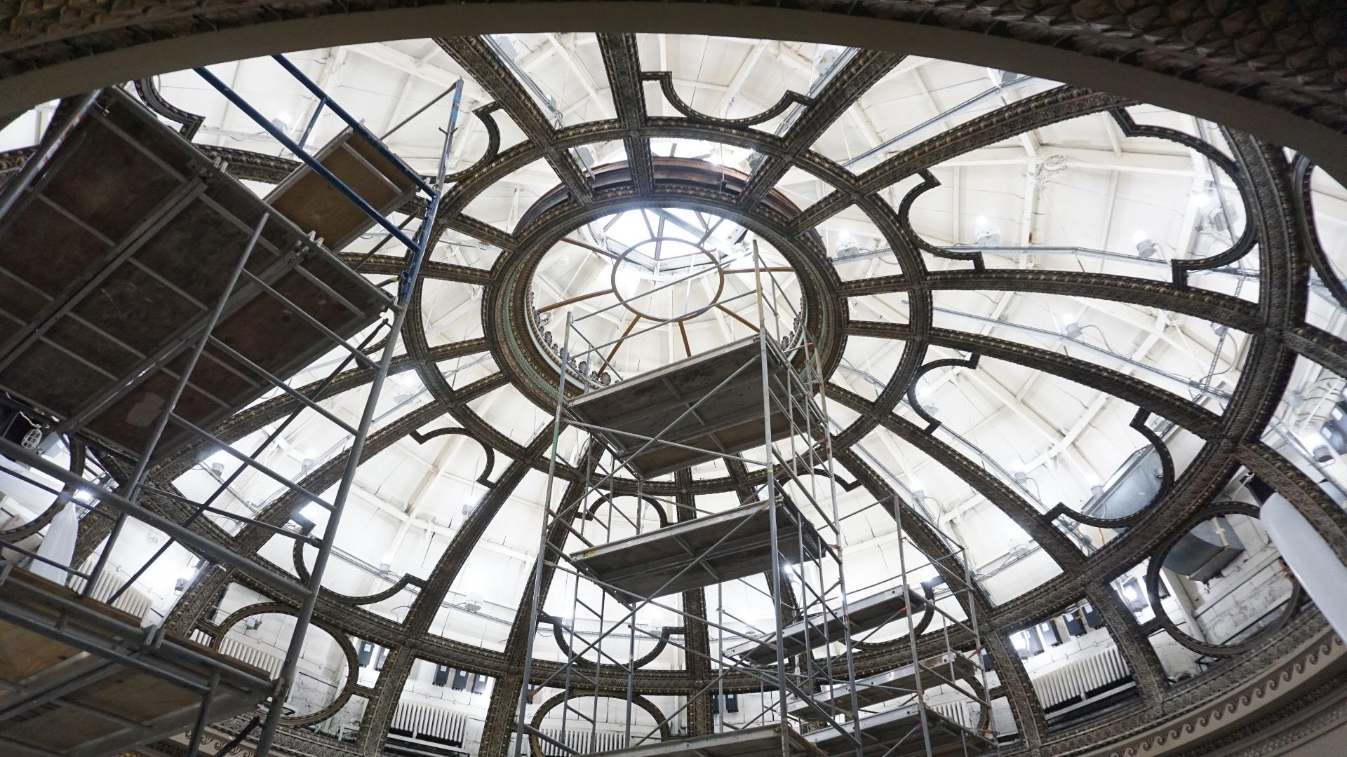 The dome's 62,000 pieces of glass have been removed for restoration and will be reinstalled. (Courtesy of Harboe Architects)