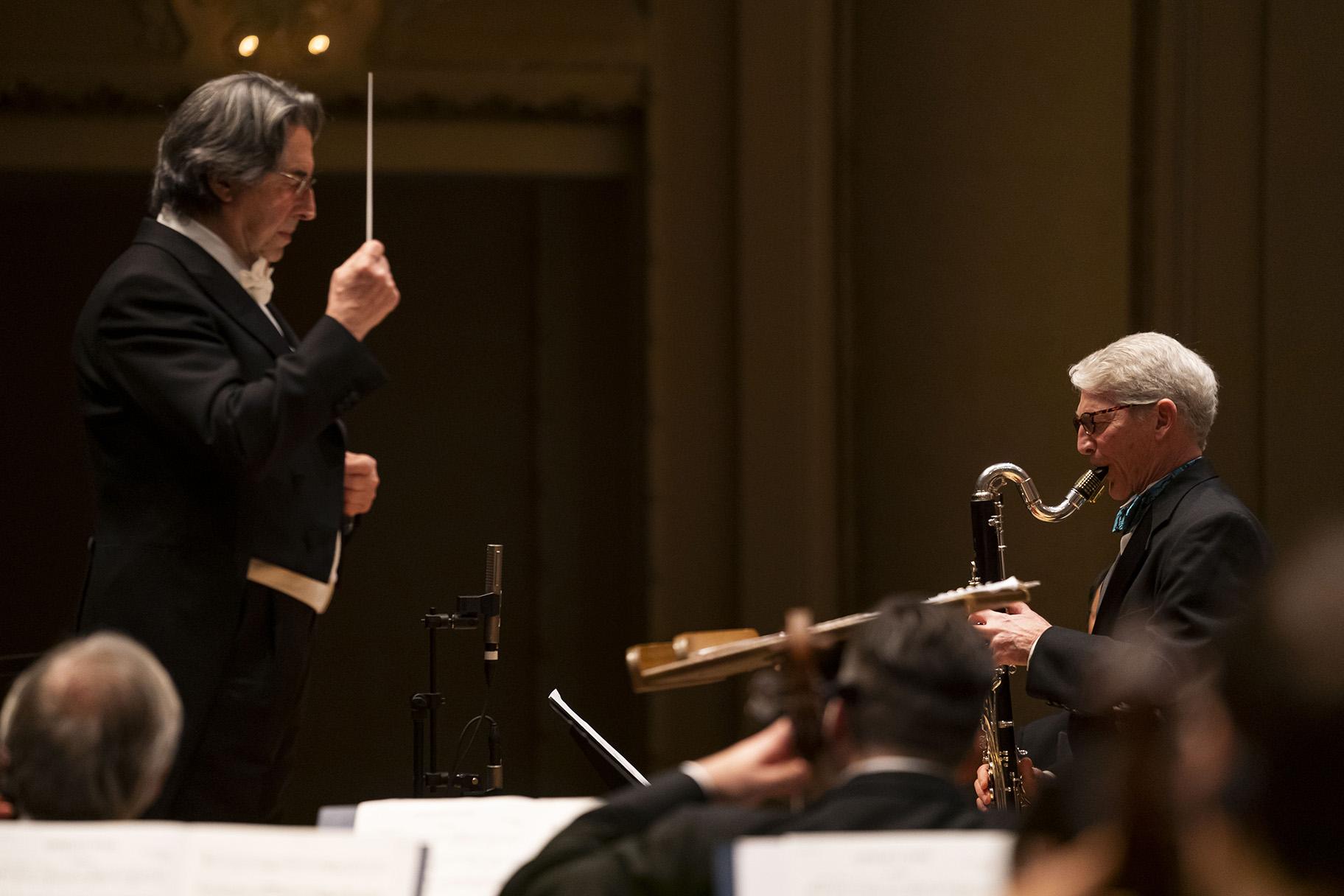 Zell Music Director Riccardo Muti conducts the world premiere of Nicolas Bacri’s “Ophelia’s Tears” with the Chicago Symphony Orchestra and CSO Bass-Clarinet J. Lawrie Bloom on Feb. 20, 2020. (Credit: Todd Rosenberg)