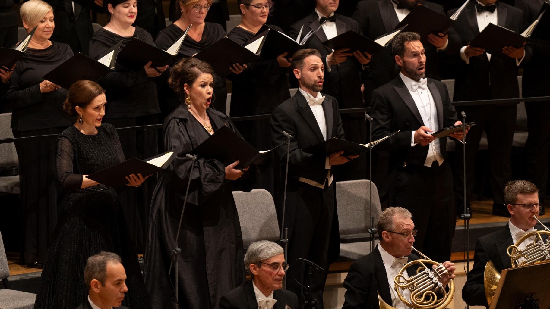 Soloists Erin Morley (soprano), Alisa Kolosova (mezzo-soprano), Giovanni Sala (tenor) and Kyle Ketelsen (bass-baritone) in a performance of Beethoven’s “Missa solemnis” with Riccardo Muti and the Chicago Symphony Orchestra and Chorus. (Todd Rosenberg)
