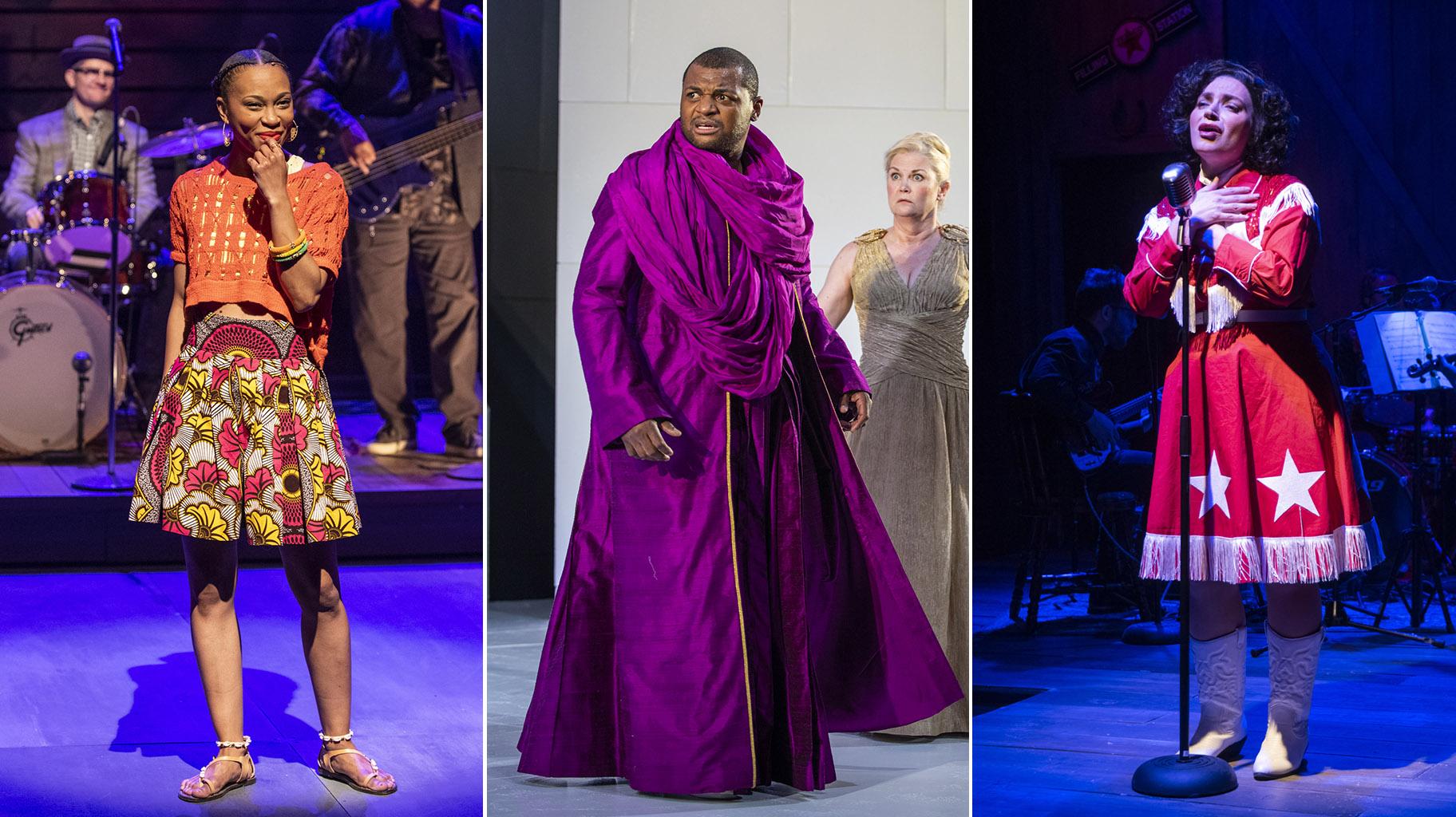 Nondumiso Tembe in “Lindiwe,” left, Kelvin Roston Jr. in “Oedipus Rex,” center, and Christina Hall in “Always … Patsy Cline.” (Photos by Michael Brosilow)
