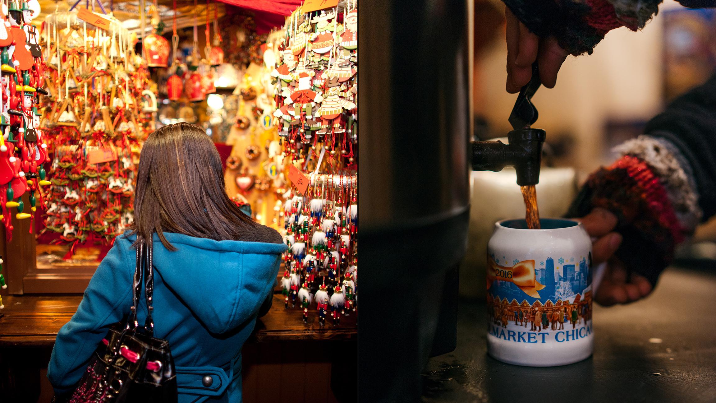 Holiday ornaments, left, and glühwein: a recipe for shopping success. (Glühwein photo by Kameron Sears)