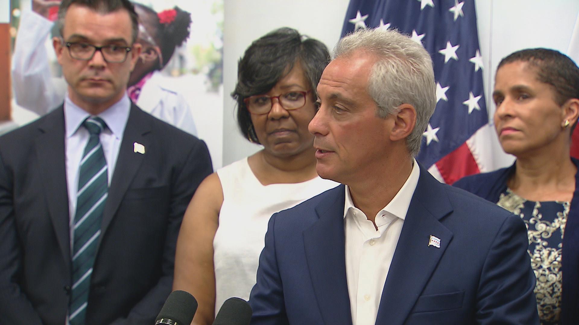 “When I got into office … all four pensions were upside-down. All four pensions are now right-side up,” Mayor Rahm Emanuel said at a press conference Monday. (Chicago Tonight)