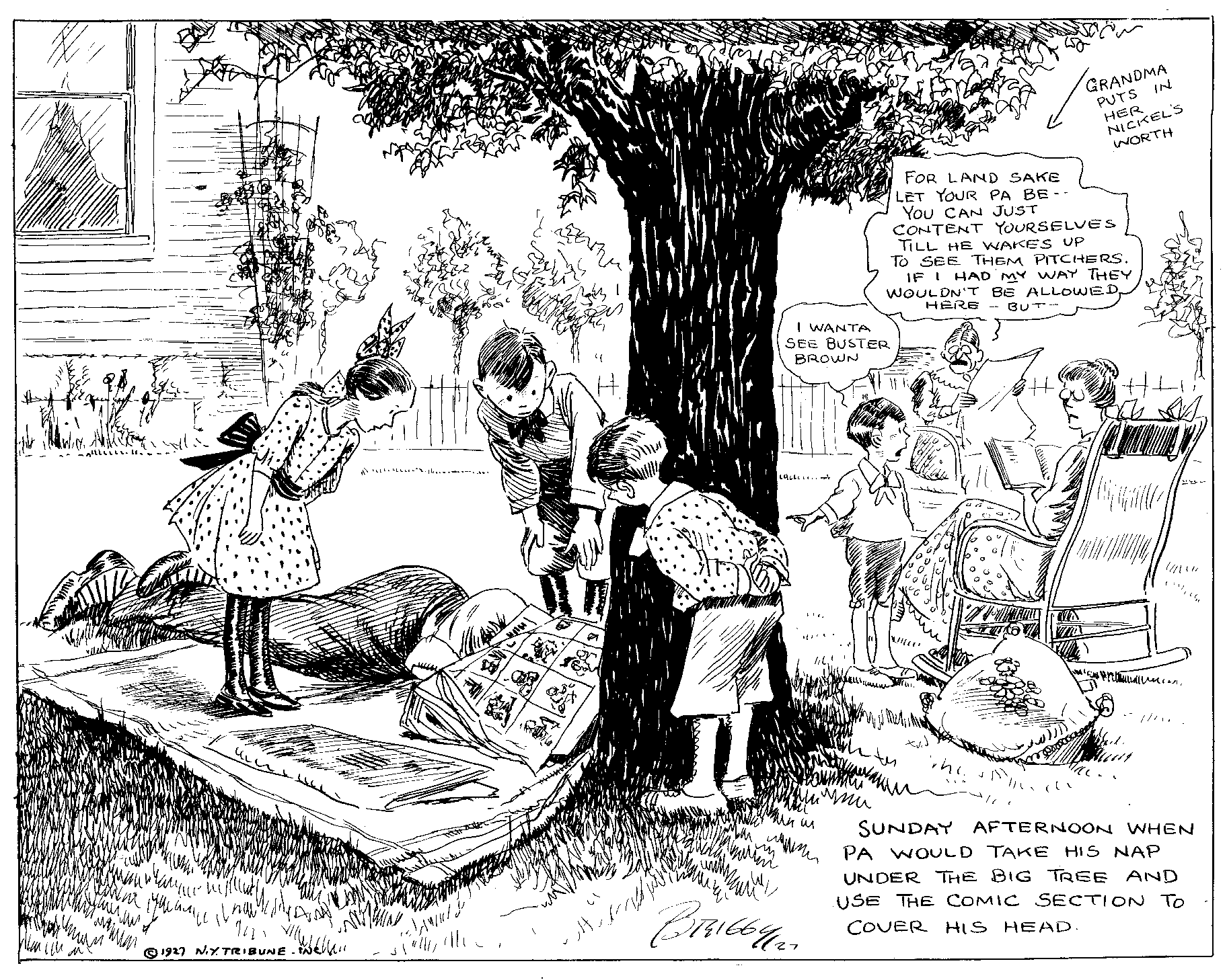 Although the first daily strip is sometimes credited to Bud Fisher with his horse-betting daily “A. Mutt” (later to be known as “Mutt and Jeff”), Clare Briggs actually invented the daily comic strip for the Chicago American in 1903 with “A. Piker Clerk” which was also about horse betting; though this original drawing directly deals with the politics of the day in Chicago, it appears to make quiet reference to his groundbreaking work in its near lower right corner. (Courtesy Chicago Cultural Center)