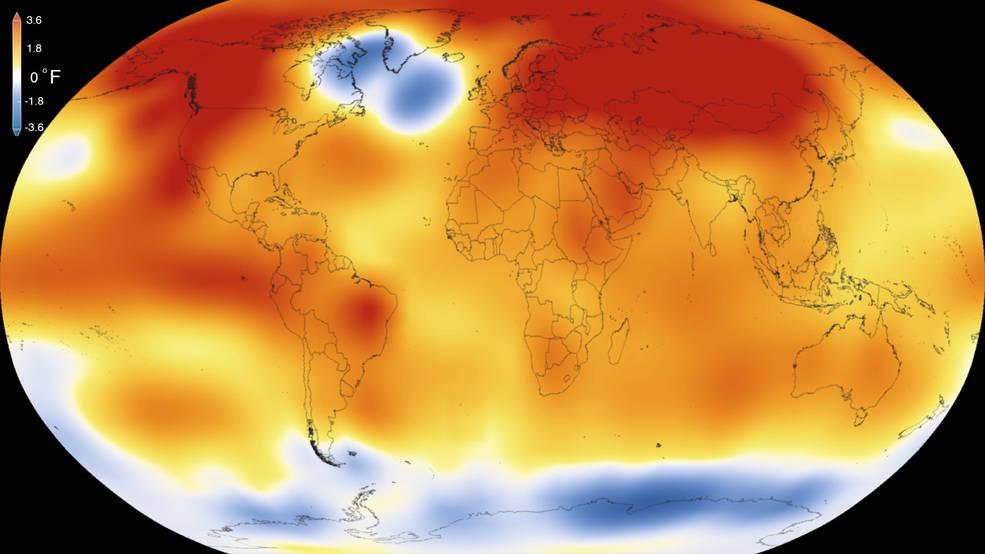 NASA says the record-breaking global temperature of 2015 is "largely driven by increased carbon dioxide and other human-made emissions into the atmosphere." (Scientific Visualization Studio / Goddard Space Flight Center)