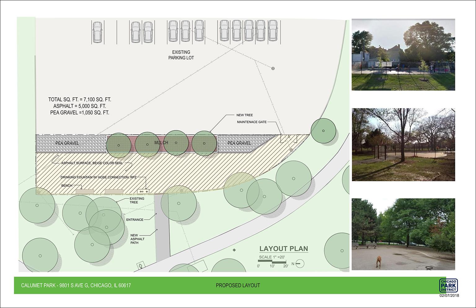 The new dog park at Calumet Park will be surfaced with asphalt and pea gravel and will feature trees, benches and a drinking fountain. (Chicago Park District)