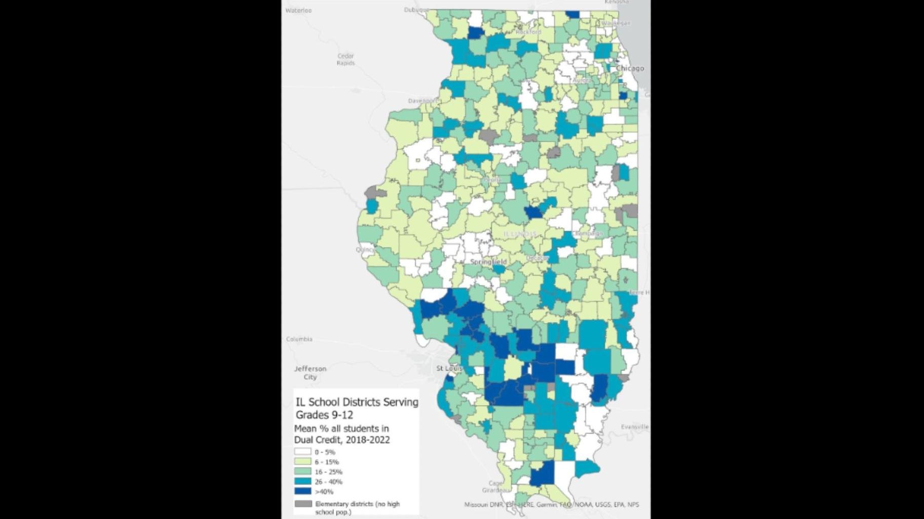 Dual credit programs that allow students to earn both high school and college credit simultaneously are more available in southern Illinois districts than in other parts of the state. (Credit: Illinois Workforce & Education Research Collaborative)